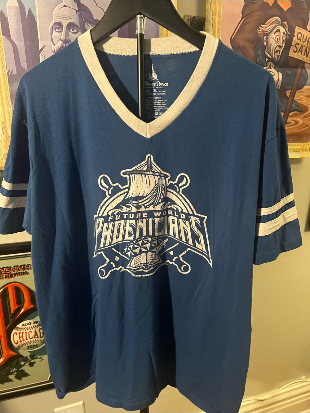WDW EPCOT Future World Phoenicians Blue V-Neck Graphic Baseball T Shirt